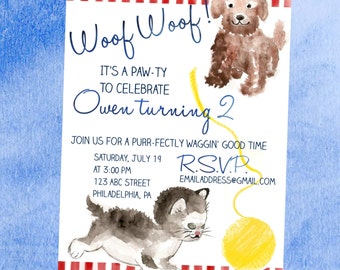 Puppy and Kitten Invitation, Cat and Dog Party, Birthday Party Invite - Digital File Printable