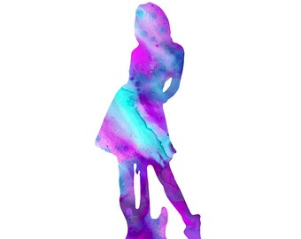 Chica con guitarra Digital Download, silueta de niña y guitarra, color blanco de guitarra aqua chica impresión de arte, silueta de guitarra chica, decoración de guitarra chica