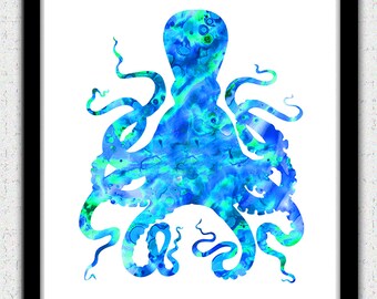 Aqua pulpo azul Digital Descargar, silueta de pulpo, arte de pulpo, impresión de arte de pulpo, decoración de la vida marina, criatura marina, arte del océano, arte marino