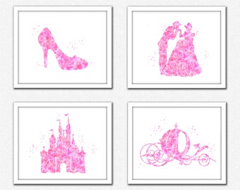 Arte de la princesa rosa, princesa rosa brillante set descarga instantánea, silueta rosa De la Cenicienta, zapatilla, carruaje de calabaza, Príncipe Encantador