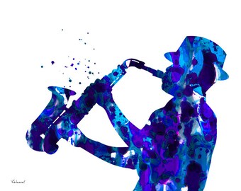 Jazzman arte, saxofón jugador de arte impresión, jazz print, jazz man azul, arte musical, saxofonista impresión, jazz hombre silueta, saxofón impresión