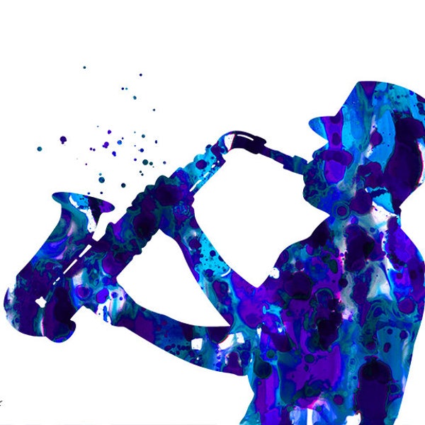 Jazzman art, saxophone player art print, jazz print, blue jazzman, music art, sax player print, jazz man silhouette, saxophone print