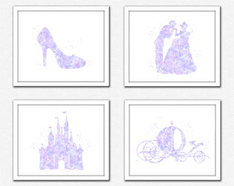 Purple Princess wall art, lumière violet princesse ensemble Téléchargement instantané, violet silhouette de Cendrillon, pantoufle, carrosse citrouille, Prince charmant