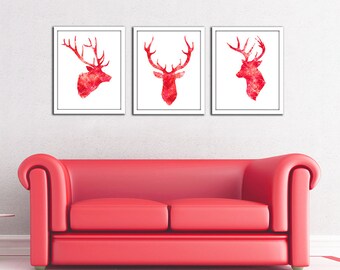 Descarga instantánea 16x20 cada uno, arte digital conjunto de ciervo rojo, impresión de acuarela cabeza de ciervo rojo, silueta de la cabeza, pintura de la cabeza de ciervo rojo, cartel