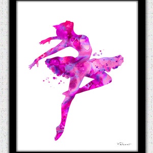 Puede incluir: Una pintura de acuarela de una bailarina en un tut&uacute; rosa, con salpicaduras de pintura rosa y morada.