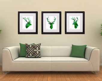 Arte de ciervo verde Instant Download, 16x20 verde esmeralda ciervo set arte digital, cabeza de ciervo acuarela impresión, silueta cabeza de ciervo, pintura de ciervos