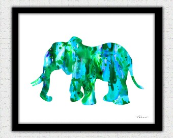 Descargar Instant de elefante, imprimir acuarela elefante, silueta de elefante, arte digital elefante aqua, aqua, verde elefante pintura impresión