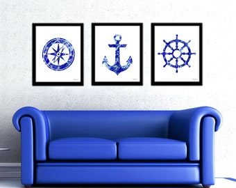 Conjunto náutico azul marino Descarga digital, pintura náutica, decoración de la brújula, silueta de anclaje, arte de la brújula, cartel náutico