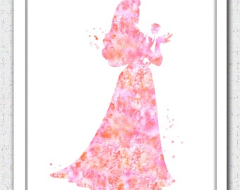 Arte imprimible de la bella durmiente, descarga instantánea de la bella durmiente rosa, acuarela del rosa coral de la bella durmiente, decoración de la guardería, cartel, silueta