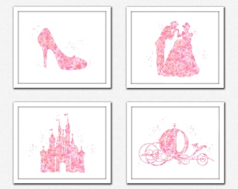 Arte de la pared de la princesa rosa, princesa rosa coral set descarga instantánea, silueta de Cenicienta rosa bebé, zapatilla, carro de calabaza, Príncipe Encantador