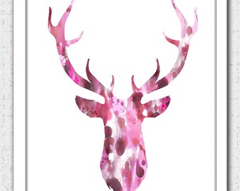 Arte de la cabeza del ciervo Instant Download, 16x20 rosa marrón stag arte digital, impresión de la acuarela de la cabeza del ciervo, silueta de la cabeza del ciervo rosa, cabeza de ciervo abstracta