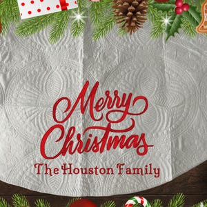 Personalized White Christmas Tree Skirt: Embroidered Quilted Cotton Keepsake