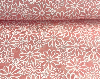 Coral Pink Daisy Floral Fabric by the Yard – White Flower Cotton Fabric for Quilting & Sewing