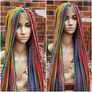 Braided Wig, braidswig, knotless box braids, colourful braids, rainbow hair, handmade, free shipping. Butt lenght wig for black women