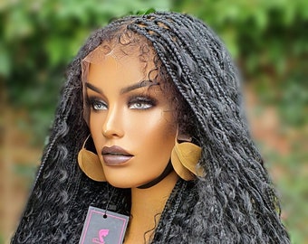 Peluca frontal de encaje trenzado estilo bohemio, peluca trenzada sin nudos, trenzas de caja estilo bohemio, pelucas de cabello humano, trenzas largas y rizadas, estilos rubios y negros, cabello 4c