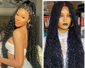 Boho Braided Lace Front Wig, Knotless Braided Wig, Bohemian box braids,  Human Hair Wigs, Long Curly Braids, Blonde Black Styles