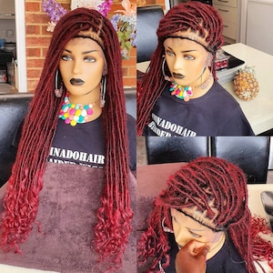 Burgundy Faux locs Braided Wig fr black women, Goddess dreads locs Light flexible locs in full lace wig. Glueless lace wig for women