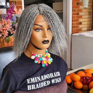 Braided Wig,braidswig million braids Senegalese twists,Black women wig,handmade wig,grey silver hair,micro twists,salt and pepper hair