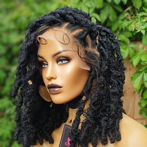 Distressed Locs Braided Wig butterfly braids Goddess Faux locs Natural dreads Wig for Black women glueless lace frontal Full lace unit short
