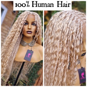 Platinum blonde HUMAN HAIR boho braided wig knotless box braids full lace unit.lace wig for black women.613 deep wave in full lace wig