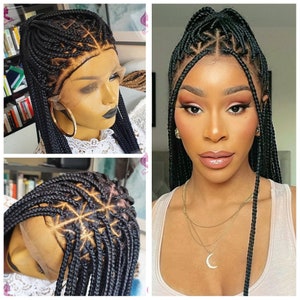 Braided Wig, knotless box braids, triangle parts full frontal lace wig for black women,single plaits handmade wig full lace. Glueless lace