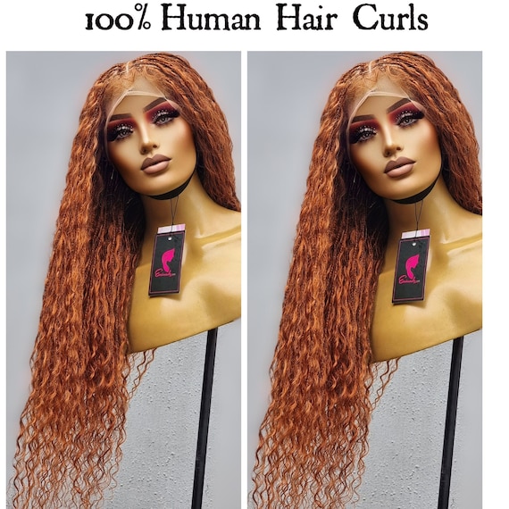 Human Hair Boho Knotless Braided Wig bulk Human Hair Deep Curl Gift for Women handmade Braids Wigs orange Human Boho Braids Full Lace Etsy
