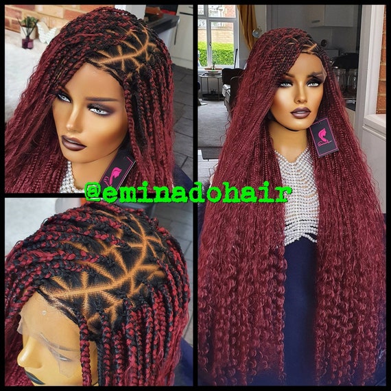 Very Fully hand Braided Closure Burgundy Box Braid Braided Wig + Free Gift