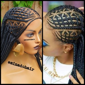 Braided Wig Knotless Braids Cornrow Hairpiece Glueless lace frontal mid back length hair ombre colours wig for black women of colour