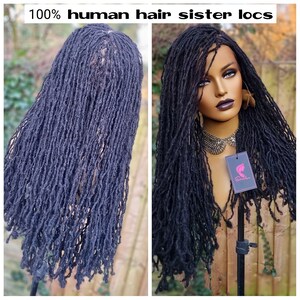 Pure Human Hair Sister Locs,Glueless Braided Wig,gift for black women handmade skinny locs wig full frontal Full lace Virgin hair loc 24inch