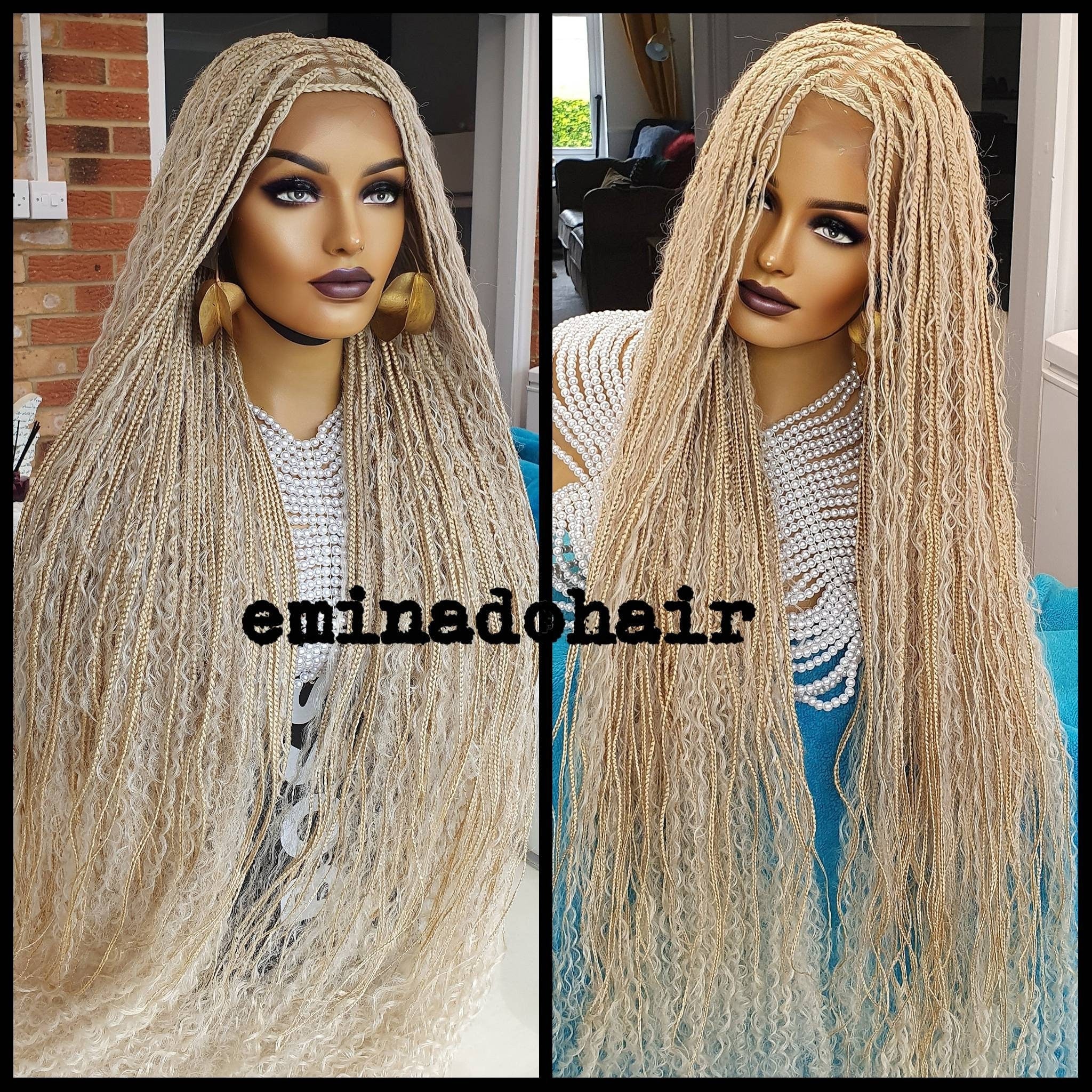 Mxangel Heat Resistant 613 Blond Micro Braided Hair Wig Half Hand Tied  Synthetic Lace Front Natural Long Blonde Micro Braid Wig