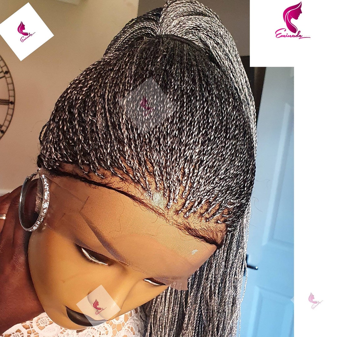 Salt and Pepper Micro Twists Braided Wig for Black Women Full Lace Unit