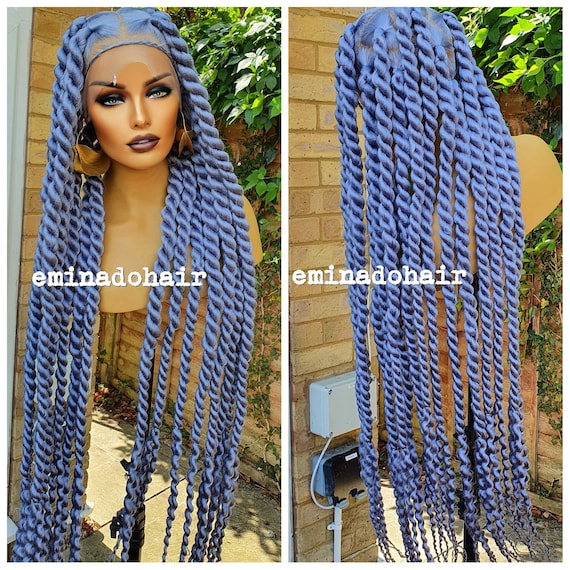 Knotless Braid Wig for Black Women Gift for Women Full Lace Front Wig  Cornrow Braided Wig,chunky Rope Twists, Big Braids, Mettalic Blue Hair 