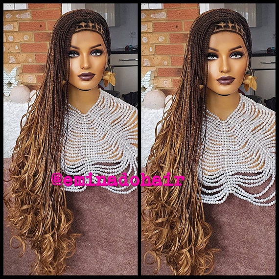 Full Lace Box Braided Wig Synthetic Ombre Brown Long Straight