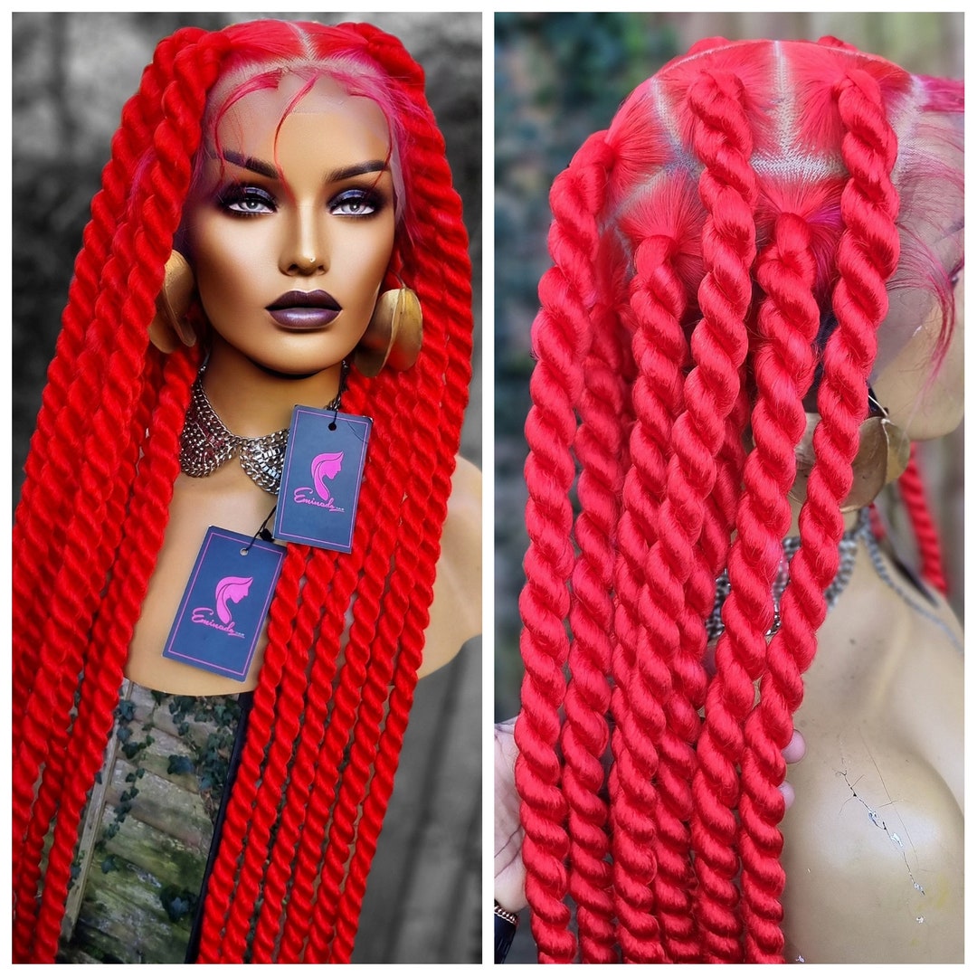 Knotless Jumbo Rope Twist in Red Color, Full Lace Unit Red Chunky