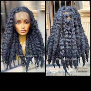 May include: A black wig with long, curly, rope twists. The wig is styled in a middle part and has a lace front.