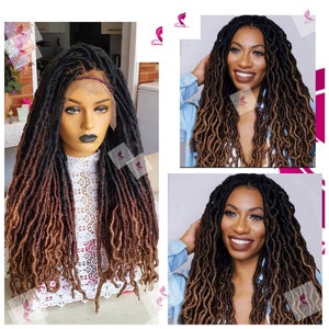 May include: A long, brown and black ombre synthetic dreadlock wig with a lace front. The wig is styled in loose, wavy dreadlocks.