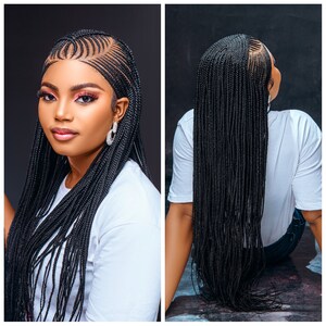 Ghana weave full frontal braided wig for black women.Gift for women,  black wig, long wig, feedin braids unit, full lace wig, glueless lace