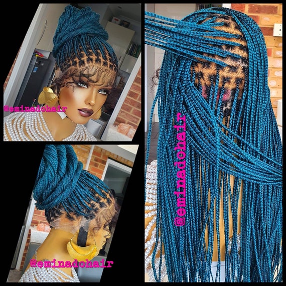 Braidedwig, Knotless Braids,braided Lace Wig for Black Women, Handmade Wig,  Teal Green Knotless Braids, Free Shipping, Full Lace Wig, Custom 