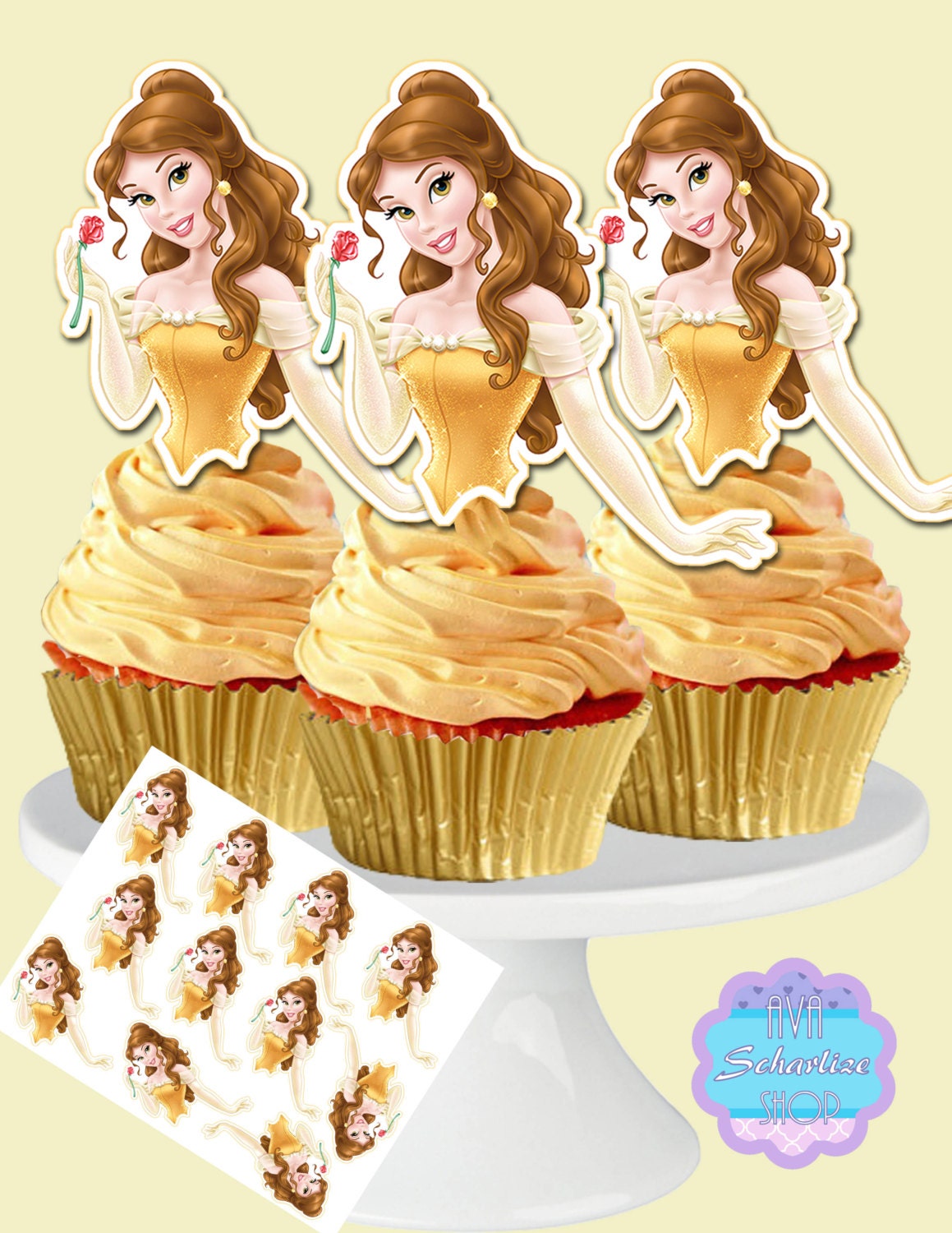 Princess Belle Cupcake Toppers Disney Princess Belle Cupcake | Etsy