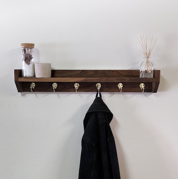 Mid Century Modern Walnut Minimalist Coat Rack with five, six, and eight  hooks in brass, oil rubbed bronze for Coats, Jackets and Bags