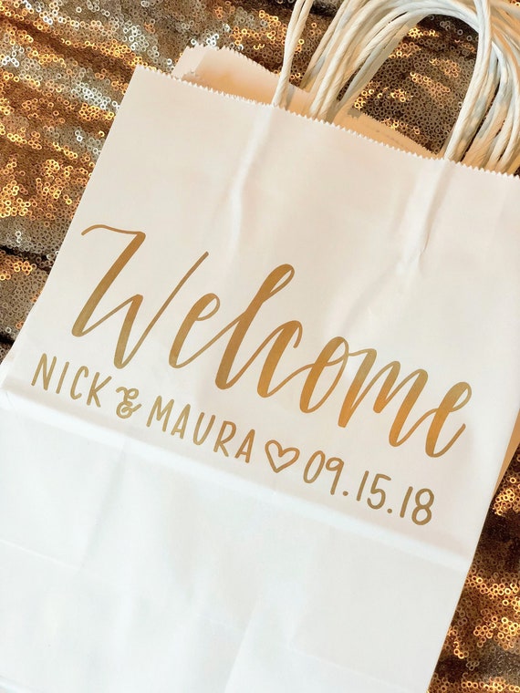 White Wedding Welcome Bags | Personalized Gift Bags with Names + Wedding Date | Sets of 10+, Hand-Lettered Hotel Bags
