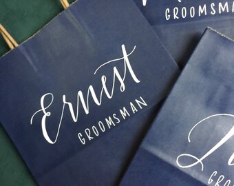 Groomsman Gift Bag, Bridesmaid Gift Bag, Groomsmen, Personalized Gift Bag, Navy or Black Bags, White Ink, Customized, Christmas