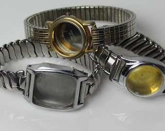 3 Vintage Watch Case and Bands, Silver Tone Watch Cases,