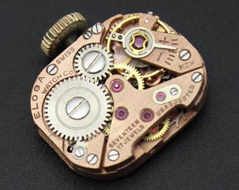 Running Eloga Swiss Watch Movement, Vintage Gold Tone Watch Movement, Horology Supplies, Steampunk Jewelry Making (#SM39)