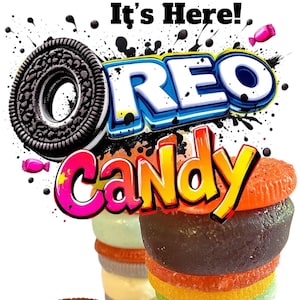 May include: A stack of colorful Oreo-themed candy, with a black and white Oreo cookie in the background. The text "It's Here! Oreo Candy" is displayed above the candy.