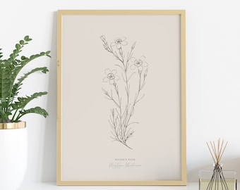 Wildflower botanical print, maiden pink flower giclee print, black and white floral illustration, fine art flower drawing, beige