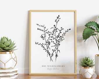 Wildflowers botanical flower print, line art giclee print, black and white floral ink illustration, fine art flower drawing