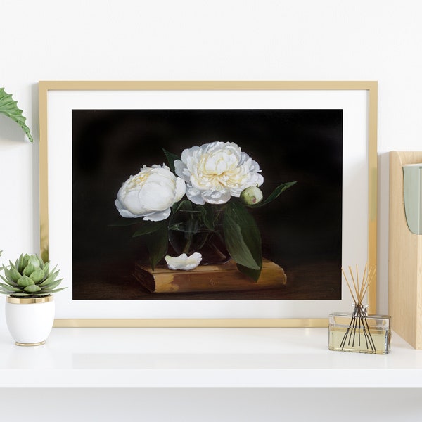 White Peonies Oil Still-Life Fine Art Print. Giclee Print. Flower Painting  in a vase.  Home wall decor. Flower Art.