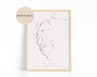 PRINTABLE Weeping willow branch print, floral illustration, beige and black digital download botanical print, minimal ink line art, jpg