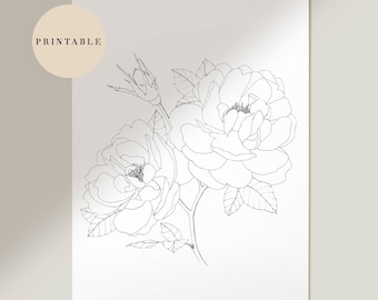 Op de afbeelding: Een zwart-witte lijntekening van twee rozen met bladeren en een knop. De rozen staan ​​in volle bloei en hebben een delicate, vrouwelijke uitstraling.